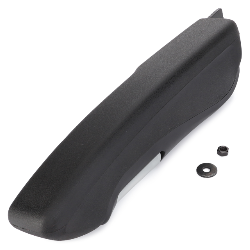A black ergonomic handle, specifically the AGCO Massey Ferguson Armrest (part number 3904442M91), accompanied by a screw and washer is placed next to it on a white background.