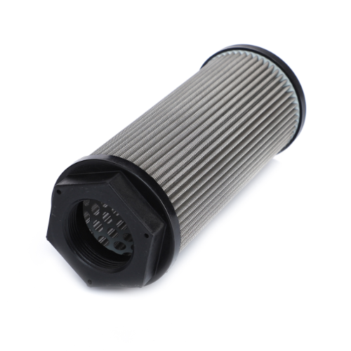 The AGCO Massey Ferguson Auxiliary Hydraulic Filter - 3785235M4 features a cylindrical metal mesh design with hexagonal ends, black accents, and an open lattice structure inside, ensuring seamless compatibility with the Massey Ferguson 7600.