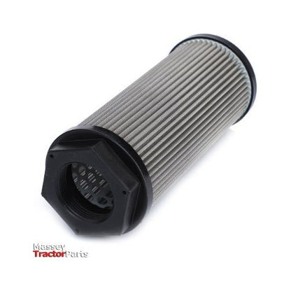 A cylindrical auxiliary hydraulic filter with a pleated design, black end caps, and a hexagonal center from AGCO. The bottom right corner features a "Massey Tractor Parts" logo and it is compatible with Massey Ferguson 7400 series tractors.