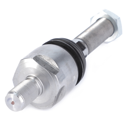 Close-up image of an AGCO Massey Ferguson Axial Joint (Product Code: F650153021650) made from stainless steel, featuring a threaded rod and hexagon-shaped ends, reminiscent of the precision found in Massey Ferguson 5400 Series machinery.