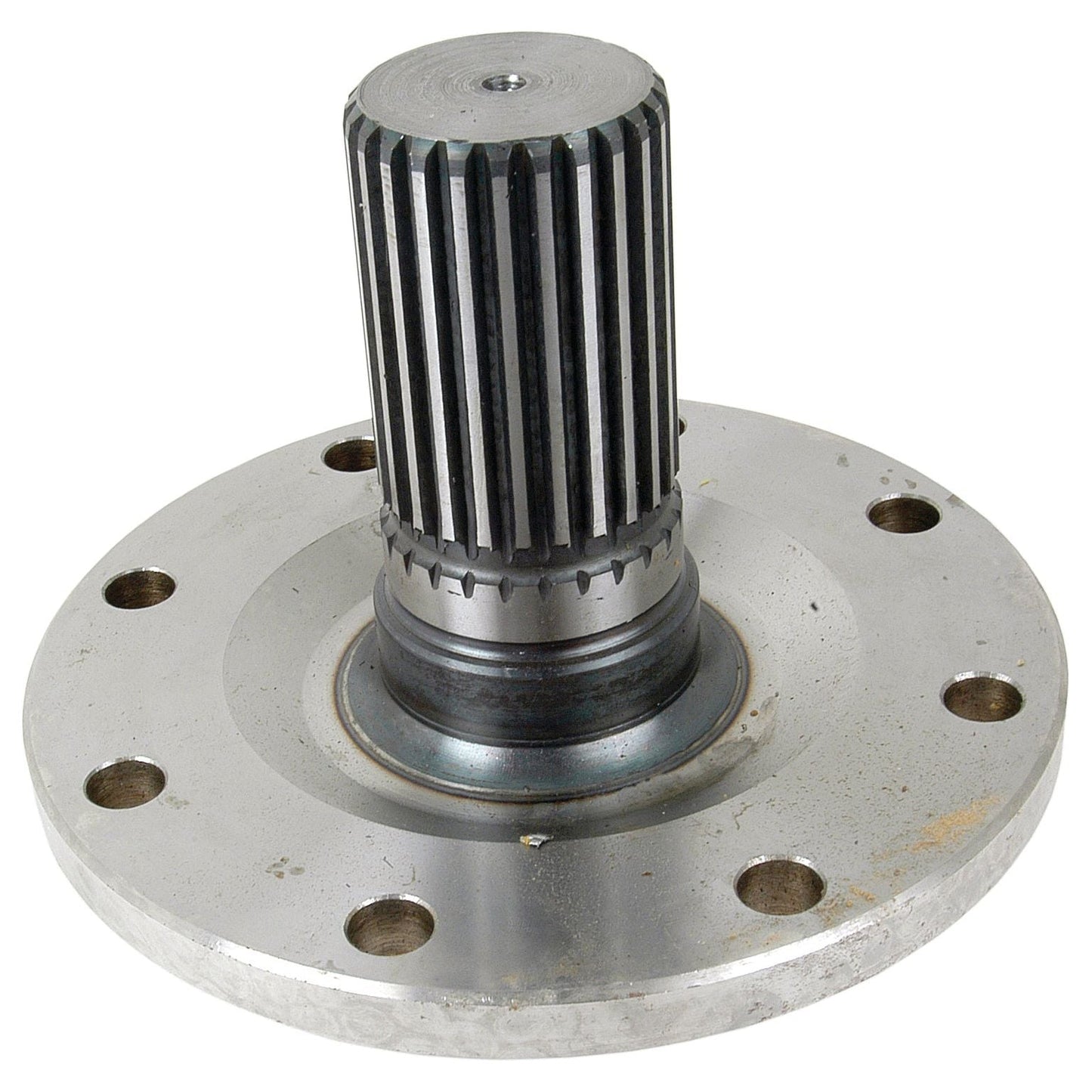 Close-up of a metallic mechanical component with a round base and multiple holes, featuring a central cylindrical gear-like structure with ribbed sides, reminiscent of the Sparex Axle Shaft (Part No. S.41572) used on Massey Ferguson equipment.