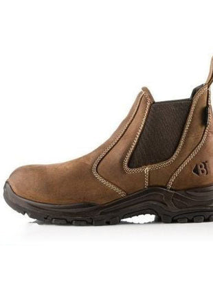 Buckler's Waterproof Dealer Boots Safety - Dealerz feature brown slip-on Dealer style construction, black elastic side panels, a metal-free safety toe, and a rugged black SRC slip-resistant rubber outsole.