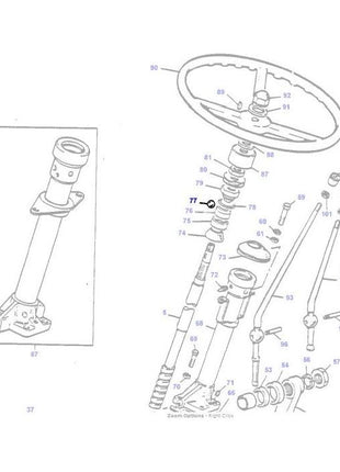 Exploded view diagram of a steering column assembly, featuring numbered parts and components, including the steering wheel, shaft, connectors, and the AGCO Massey Ferguson - Ball - 22199X. Ideal for identifying tractor parts in the Massey Ferguson 100 Series.