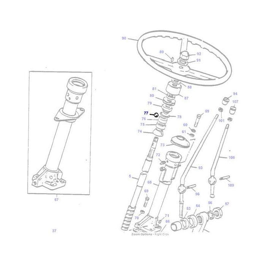 Exploded view diagram of a steering column assembly, featuring numbered parts and components, including the steering wheel, shaft, connectors, and the AGCO Massey Ferguson - Ball - 22199X. Ideal for identifying tractor parts in the Massey Ferguson 100 Series.