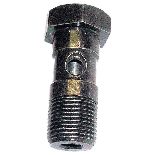Close-up of a Banjo Bolt (Sparex Part No. S.1768) with a hexagonal head and threaded shaft, commonly used in Massey Ferguson tractors. There is a hole through the body of the bolt.