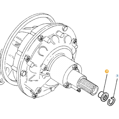 Diagram of a mechanical component featuring a gear mechanism, with labeled parts including a retaining ring (numbered '2') and a snap ring (numbered '3'), commonly found in Massey Ferguson tractor models, specifically utilizing the AGCO brand bearing 3383863M1.