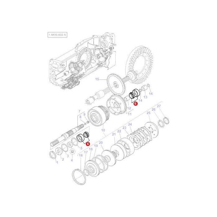 Exploded view diagram of a Massey Ferguson mechanical assembly with multiple numbered components. Two parts, 15 and 16, are highlighted in red, showcasing the AGCO Massey Ferguson - Bearing - 339481X1 from the 3000 Series.