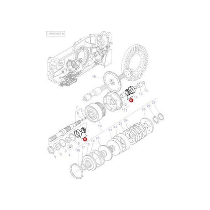 Exploded view diagram of a Massey Ferguson mechanical assembly with multiple numbered components. Two parts, 15 and 16, are highlighted in red, showcasing the AGCO Massey Ferguson - Bearing - 339481X1 from the 3000 Series.