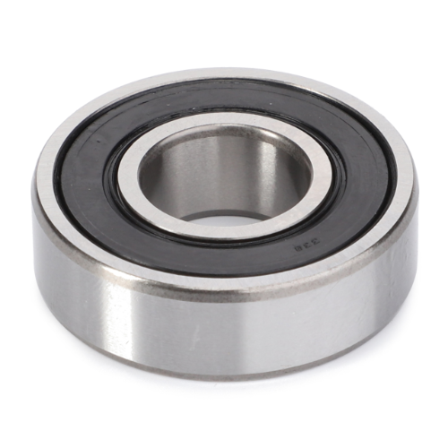 A Massey Ferguson - Bearing 6203 2RS - 1440487X1 from AGCO, featuring an inner and outer metal ring with a black rubber seal, positioned against a plain white background—an essential component for Massey Ferguson tractor parts.