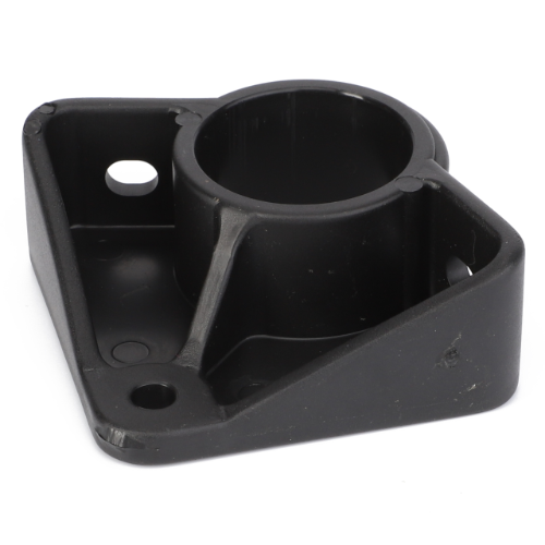 The AGCO Massey Ferguson - Bearing Carrier - D28680117 is a black, triangular plastic bracket with a cylindrical opening and two mounting holes, designed specifically for compatibility with the 7200 Series Massey Ferguson.
