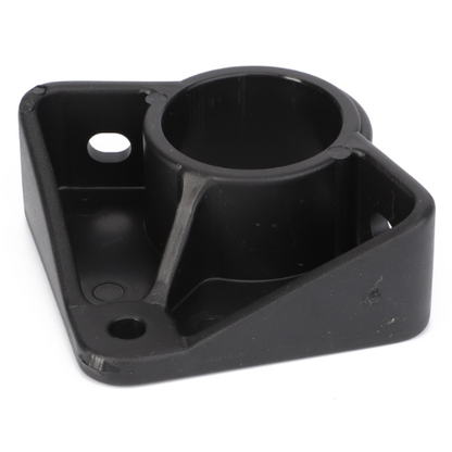 The AGCO Massey Ferguson - Bearing Carrier - D28680117 is a black, triangular plastic bracket with a cylindrical opening and two mounting holes, designed specifically for compatibility with the 7200 Series Massey Ferguson.