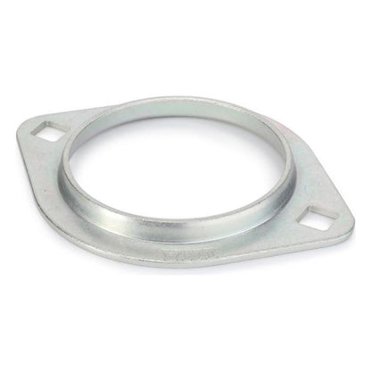 A metal circular flange, akin to the AGCO Massey Ferguson Bearing Carrier Plate (Product Number: 3386986M1), with two mounting holes on opposite sides.