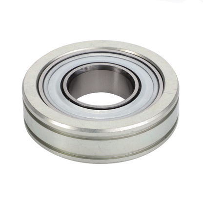 The AGCO Massey Ferguson Bearing Power Flow Band (D41715600) is a cylindrical metal ball bearing featuring inner and outer rings, commonly used in the Massey Ferguson Combine 7200 Series machinery to minimize friction in rotating components.