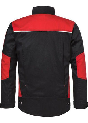Rear view of a black and red AGCO Massey Ferguson work jacket, model X993452102, featuring white piping across the upper back.