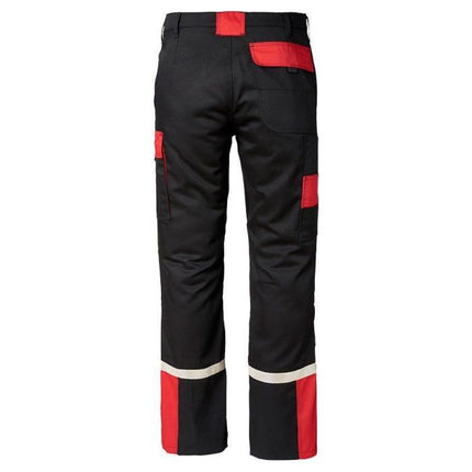 AGCO's Massey Ferguson Black and Red Work Trousers (X9934520030) feature reflective patches on the cuffs, knee-pad holders, and multiple pockets.