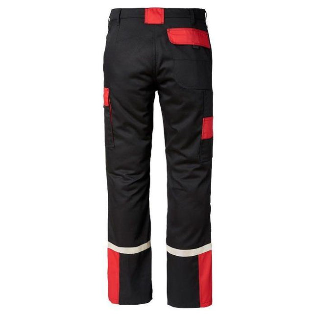 AGCO's Massey Ferguson Black and Red Work Trousers (X9934520030) feature reflective patches on the cuffs, knee-pad holders, and multiple pockets.
