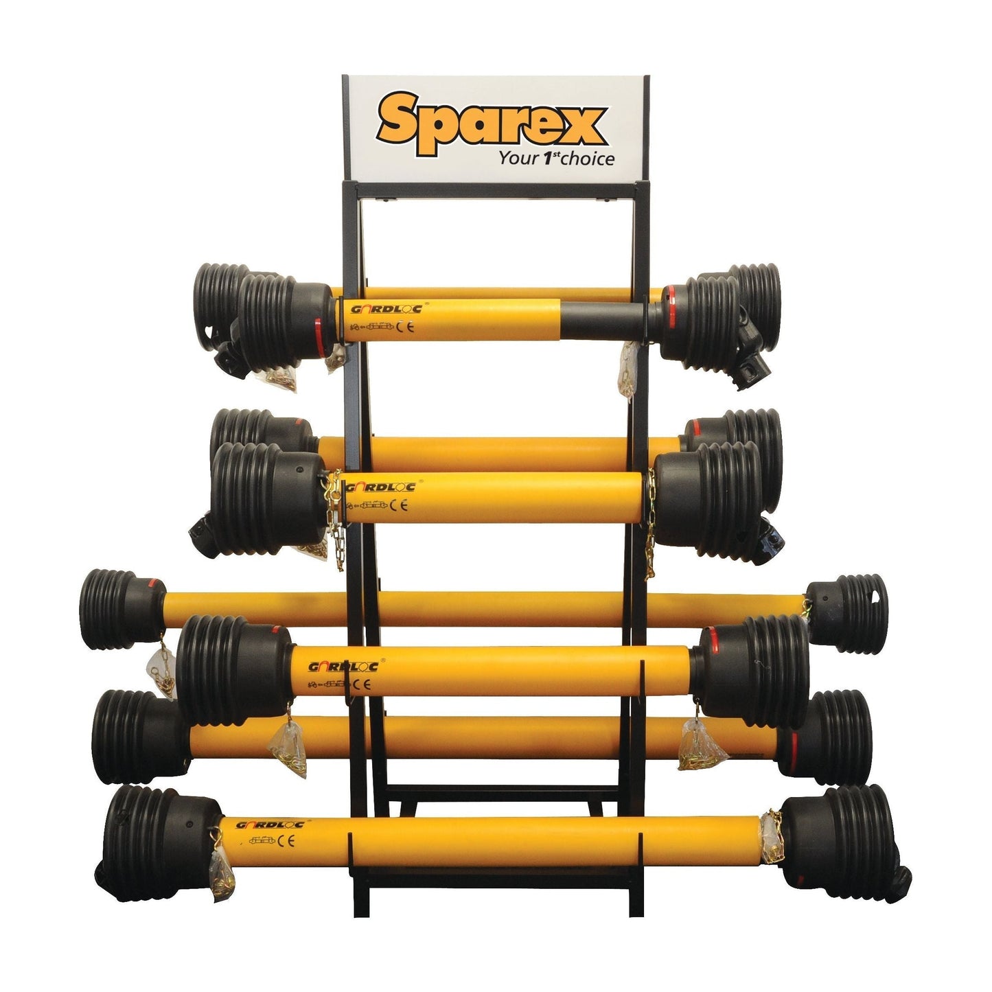 Sparex PTO Shaft Display Stand, model S.7559, featuring eight yellow shafts arranged horizontally. Above the rack, a sign proclaims: "Sparex Your 1st choice" for hydraulic top links and more.