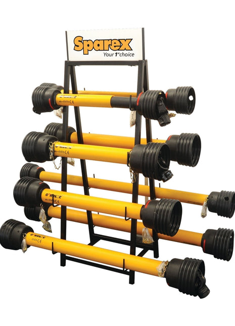 A PTO Shaft Display Stand (Stock not included, S.7559), showcasing six yellow PTO shafts of varying lengths, with a sign on top that reads "Sparex Your 1st Choice.