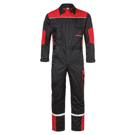 The Massey Ferguson - Black & Red Overalls New Logo (X993452202) from AGCO, featuring long sleeves, a zipper closure, multiple pockets, reflective details, and a logo on the chest, provide a durable option for demanding tasks.