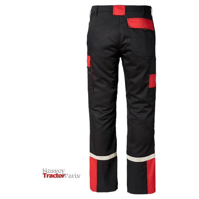 Introducing the Massey Ferguson - Black & Red Work Trousers (X9934522030) by AGCO. This pair of work trousers boasts multiple pockets, reinforced areas, and red and white accents. The branding near the bottom left reads "Massey Tractor Parts." For added safety on the job, these trousers also feature reflective patches.
