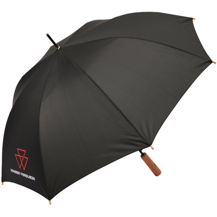 Product Name: Massey Ferguson - Black Umbrella - X993342210000
Brand Name: AGCO

This stylish black umbrella, named the Massey Ferguson - Black Umbrella (X993342210000), features a wooden handle and has "Massey Ferguson" with a red logo printed on one panel. The umbrella is designed by AGCO and includes windproof features to keep you protected in any weather.