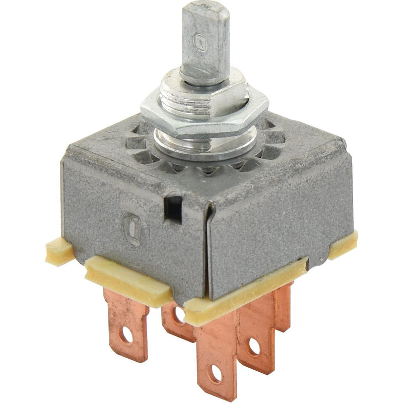 The Blower Switch by Sparex (Part No. S.106616) features a durable metal body, a central rotating shaft, and four copper electrical terminals at the base, making it an ideal replacement part for Case IH equipment.