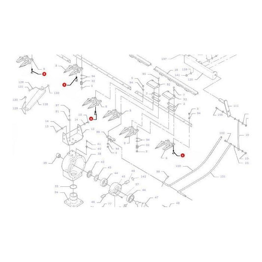 An exploded diagram of the Massey Ferguson - Bolt Finger Square Neck - D40551500 mechanical assembly features various parts labeled with numbers, and some components highlighted with red dots for clarity.