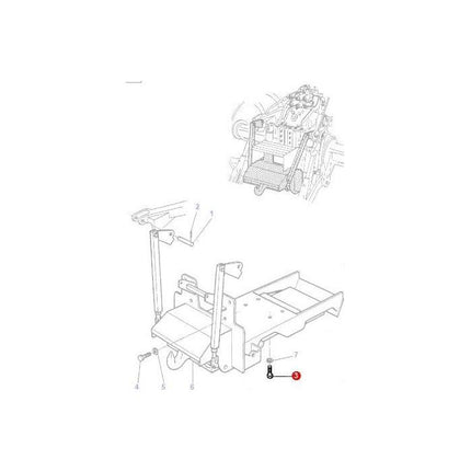 Technical drawing of a Massey Ferguson mechanical assembly with labeled parts, including a detailed sectional view of an engine component from the 6100 Series. Part number 8, which is an AGCO brand product named "Bolt M16x40 10.9" with the part number 3010577X1, is highlighted in red.