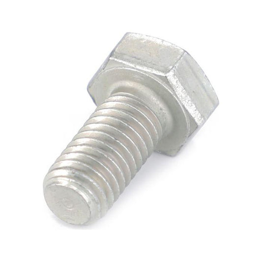 A close-up of an AGCO Massey Ferguson M8x16 hex bolt, model 339124X1, with visible threading, laying on a white background. The fastener's precise design is evident in every detail, making it essential for various projects.