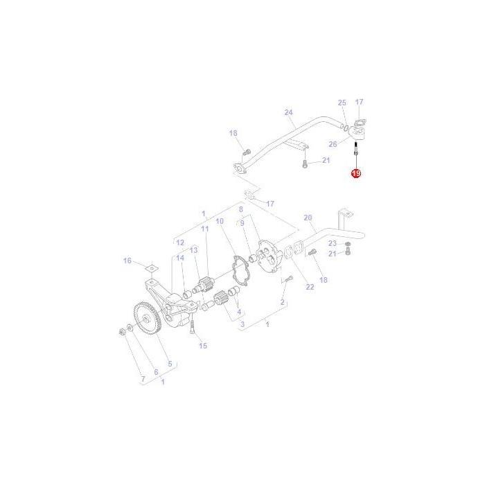 Diagram of a mechanical assembly with numbered tractor parts, including the AGCO Massey Ferguson - Bolt M8x55 - V581804680, gears, rods, and connectors, showing the internal components and their positions in a Massey Ferguson 5400 Series.