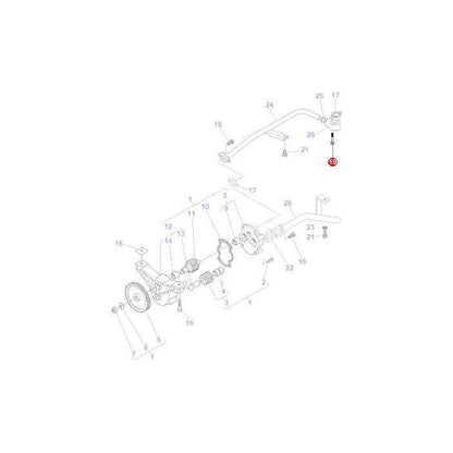 Diagram of a mechanical assembly with numbered tractor parts, including the AGCO Massey Ferguson - Bolt M8x55 - V581804680, gears, rods, and connectors, showing the internal components and their positions in a Massey Ferguson 5400 Series.