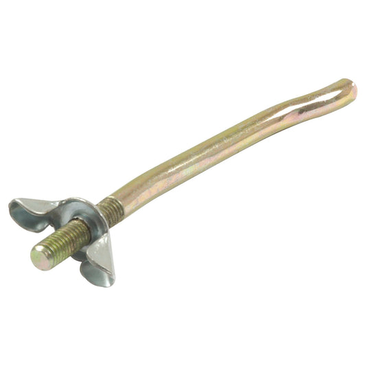 The Bonnet Catch Assembly, Sparex Part No. S.42932 by Sparex, is an adjustable metal locking pin with a wing nut and threaded end on a curved rod, perfect for securing the bonnet catch of a Massey Ferguson tractor.