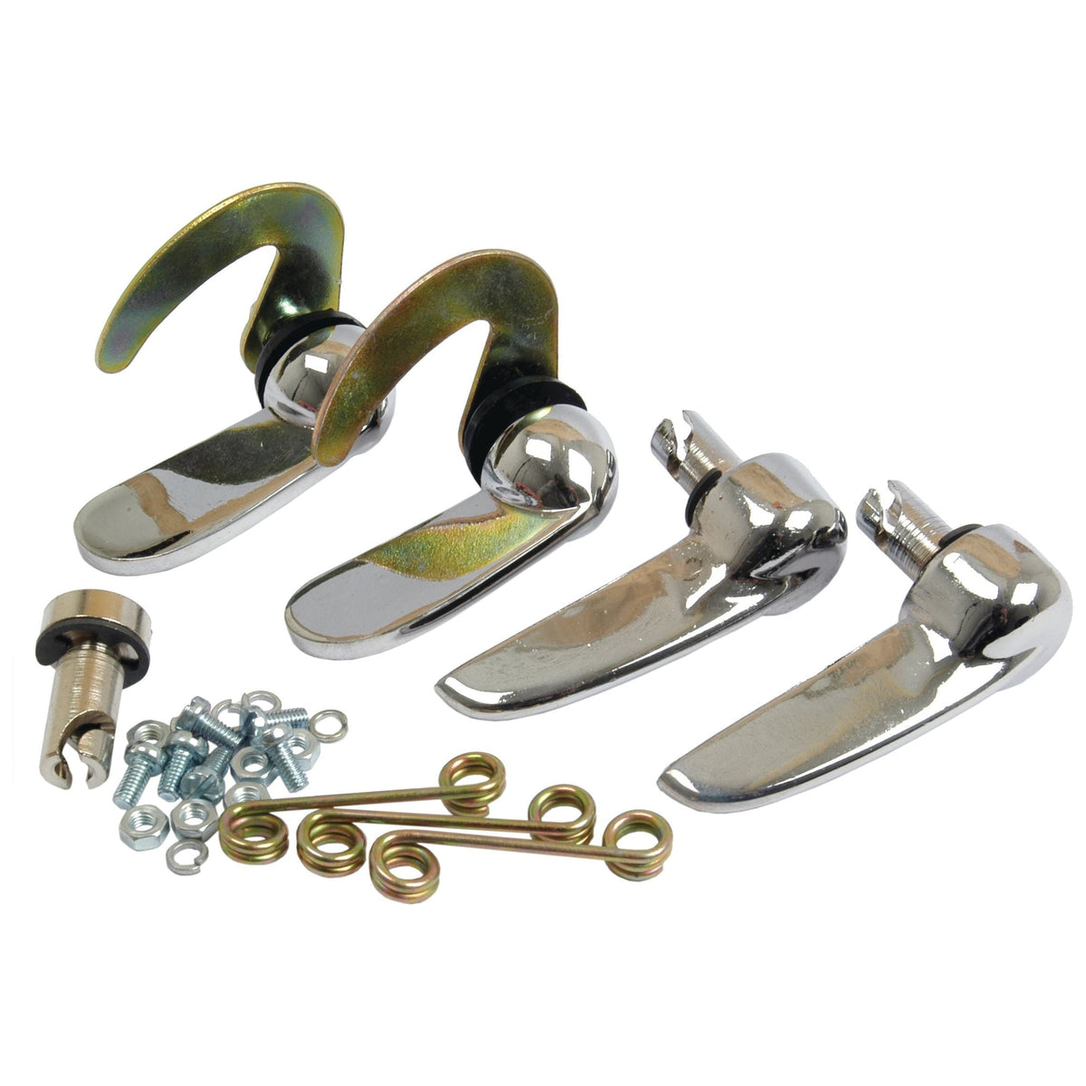 A set of chrome quick-release skewers and related small hardware items, including springs, bolts, and washers, displayed on a white background, reminiscent of the precision found in Sparex's Bonnet Catch Assembly (Part No. S.42835).
