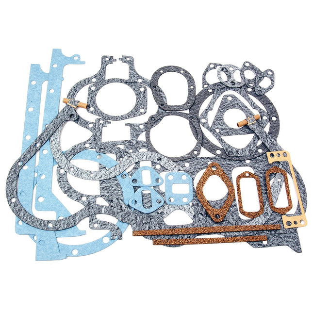 The Bottom Gasket Set - 3 Cyl. (Sparex Part No.S.40606) from Sparex, featuring a variety of shapes and sizes including asbestos-free options, is arranged on a white background.