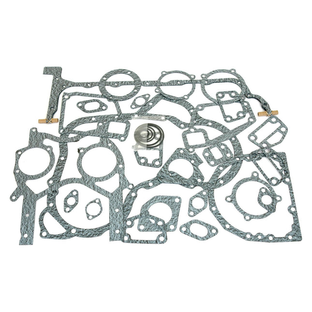 A Sparex Bottom Gasket Set for 4-cylinder Perkins Engines (models 1004.4T and 1004.41), laid out on a white background, includes an assortment of various shapes and sizes typically used for sealing components. Product Part No. S.42402.

