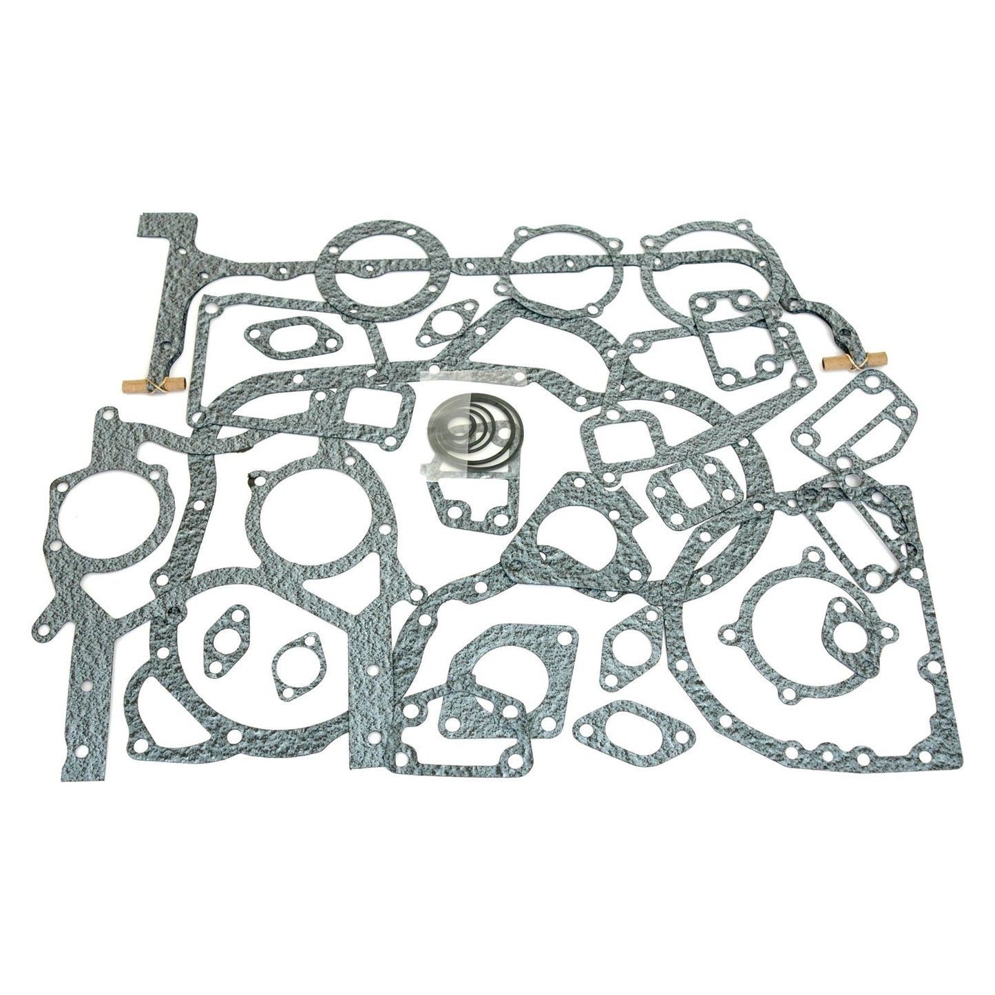 A Sparex Bottom Gasket Set for 4-cylinder Perkins Engines (models 1004.4T and 1004.41), laid out on a white background, includes an assortment of various shapes and sizes typically used for sealing components. Product Part No. S.42402.

