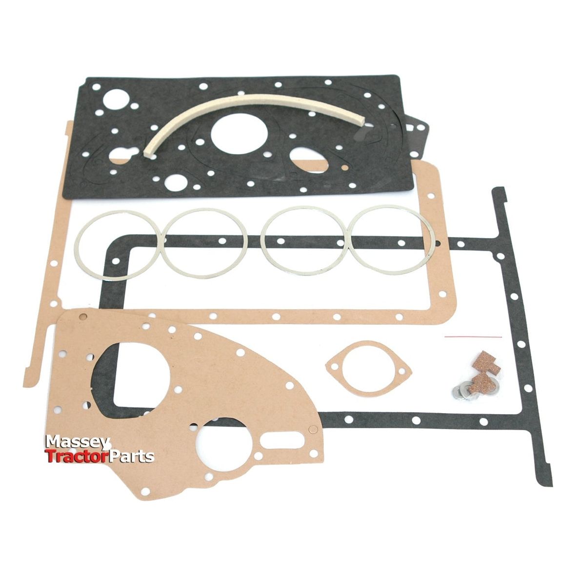 A Bottom Gasket Set - 4 Cyl. (85mm-Petrol, 85mm-VO) from Sparex, featuring a variety of tractor gaskets and seals in round, square, and irregular shapes, is displayed on a white background with the "Massey Tractor Parts" logo and is suitable for Perkins Engine; Sparex Part No.S.42631.