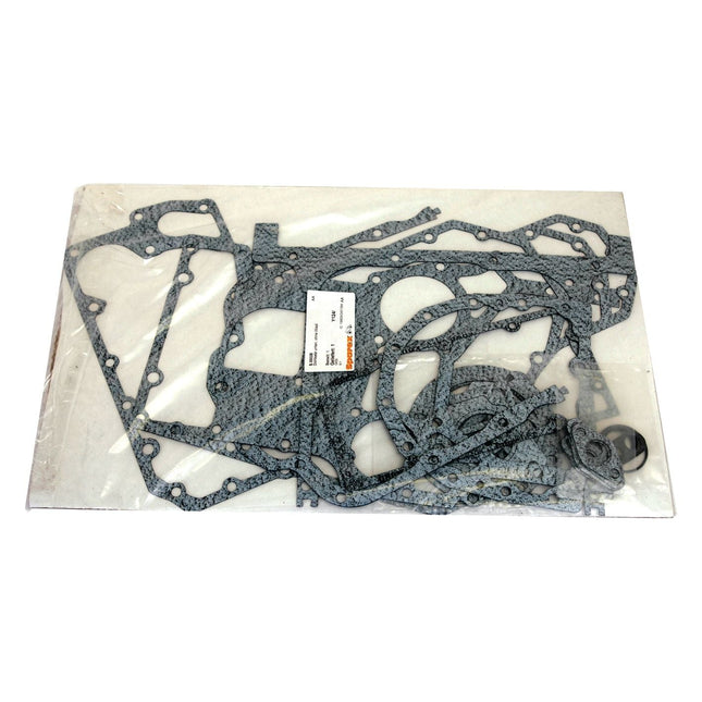 A set of assorted automotive gaskets, including the Bottom Gasket Set - 4 Cyl. (Sparex Part No. S.30025) compatible with Case IH and Massey Ferguson models, is laid out on a transparent plastic sheet by Sparex.