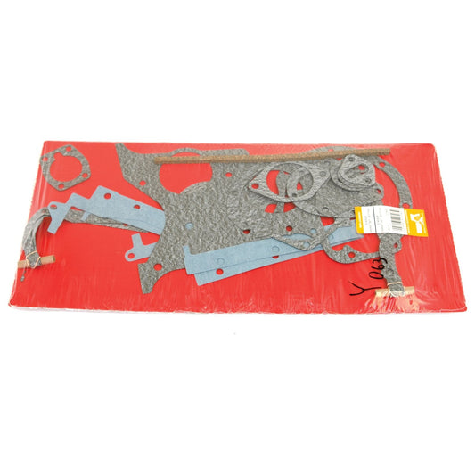 A Bottom Gasket Set - 4 Cyl. (Sparex Part No. S.40608) from Sparex, designed for Massey Ferguson, displayed on a red rectangular background and wrapped in plastic packaging.