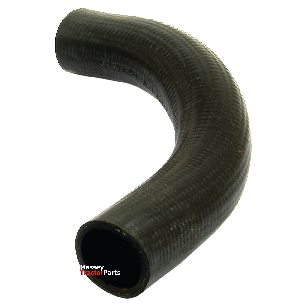 Curved black rubber bottom hose for Massey Ferguson Tractor with a textured surface, labeled "Sparex," compatible with Sparex hose clips (Part No. S.41316), and featuring an inner diameter of 34mm at both ends.