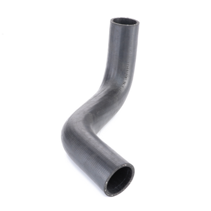 Black, curved rubber hose with a textured surface, displayed on a white background. This AGCO Massey Ferguson Bottom Radiator Hose (part number 1695562M1) is compatible with Massey Ferguson 300 Series tractors.