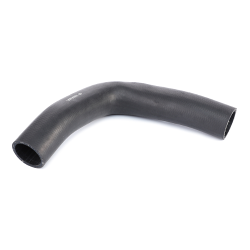 The AGCO Massey Ferguson - Bottom Radiator Hose (186968M1) is a flexible, black rubber hose with a curved shape, ideal for use in 100 Series Massey Ferguson tractor parts and suitable for various automotive or industrial applications.