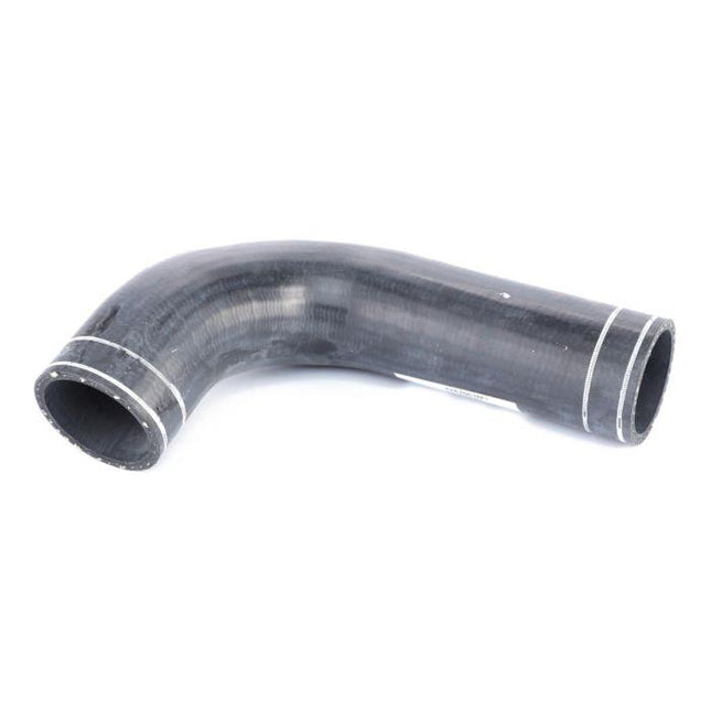 AGCO's Massey Ferguson - Bottom Radiator Hose (4287061M1) is a black rubber hose with a curved shape and white markings near both ends, designed for fluid transport and suitable for Massey Ferguson 6400 Series machinery.