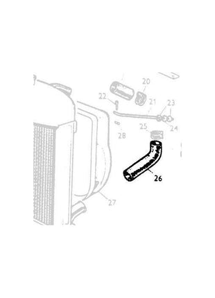 Illustrated diagram of a machine part labeled as 826988M1, depicted as an L-shaped bottom radiator hose for the Massey Ferguson 35X by AGCO. Other parts of the Massey Ferguson 35X are faintly visible in the background, labeled with different numbers.