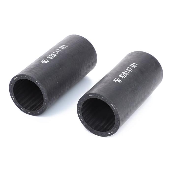 Two black cylindrical hoses with white text printed on them lie on a white background, perfect for any Massey Ferguson tractor from the 100 Series. These are labeled as "Massey Ferguson - Bottom Radiator Hose - 828147M1" by AGCO.