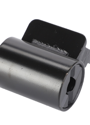 Close-up of the AGCO Massey Ferguson - Bracket Mirror Arm Top L/H - 3105256M2, a cylindrical black metal component with a hexagonal opening and a flat, protruding section on one side, designed for commonly found in Massey Ferguson tractor series models.