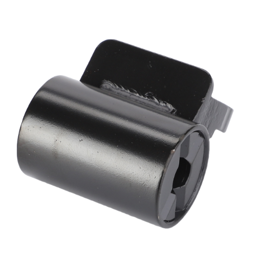 Close-up of the AGCO Massey Ferguson - Bracket Mirror Arm Top L/H - 3105256M2, a cylindrical black metal component with a hexagonal opening and a flat, protruding section on one side, designed for commonly found in Massey Ferguson tractor series models.