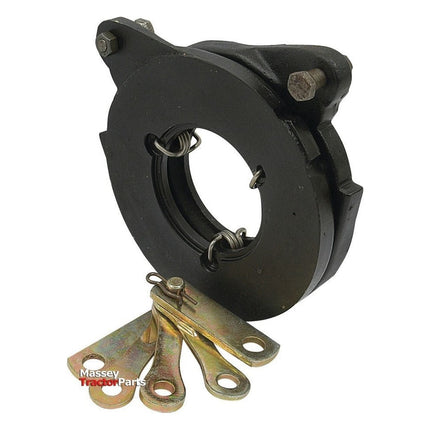 The Brake Actuator Boot, Sparex Part No. S.57292, is a black metal tractor part branded with the "Massey Tractor Parts" logo. It features a circular opening in the center and includes a set of three brass-colored attachment plates, making it ideal for integration with Massey Ferguson machinery.