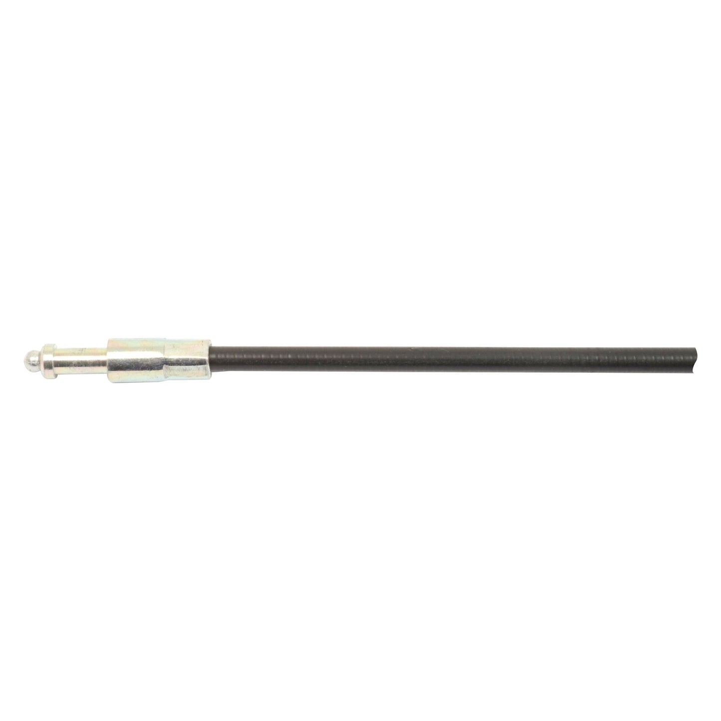 A thin, straight metallic rod with a small, cylindrical attachment on one end. The rod is made of black metal, resembling the Brake Cable commonly found in Massey Ferguson equipment. Product Name: Brake Cable - Length: 1100mm, Outer cable length: 735mm. | Sparex Part No.S.43897 by Sparex.