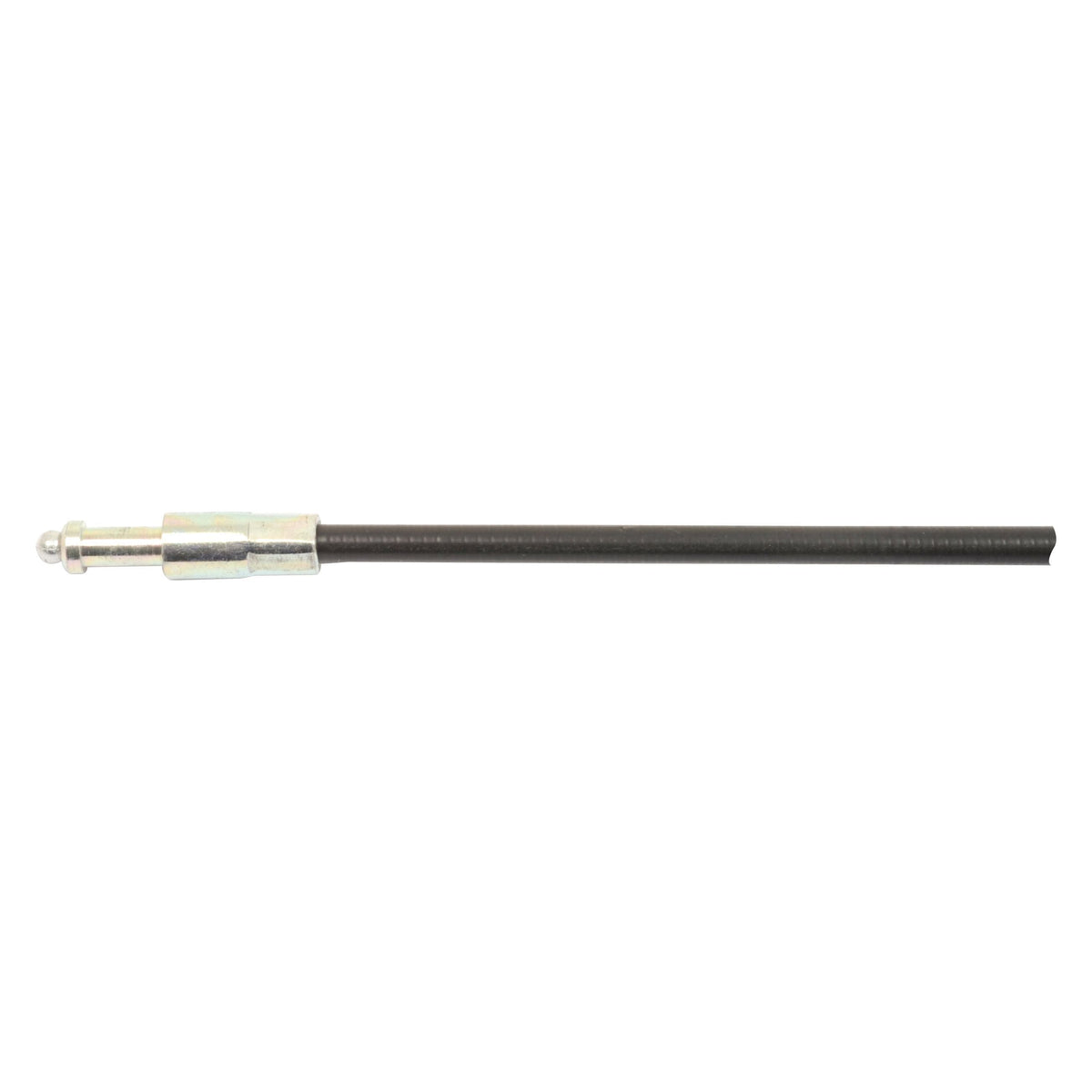 A thin, straight metallic rod with a small, cylindrical attachment on one end. The rod is made of black metal, resembling the Brake Cable commonly found in Massey Ferguson equipment. Product Name: Brake Cable - Length: 1100mm, Outer cable length: 735mm. | Sparex Part No.S.43897 by Sparex.